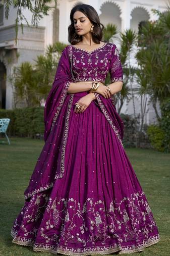Wine Sequins and Thread Embroidery Vichitra Silk Lehenga Choli