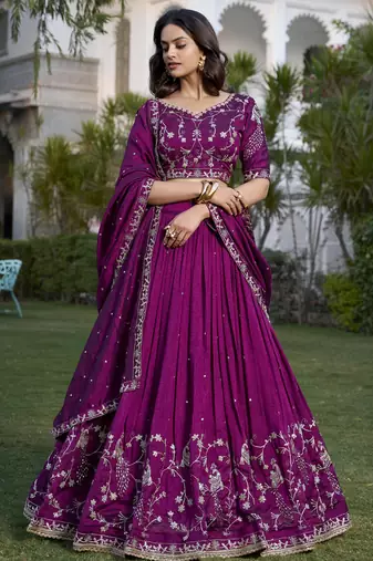 Wine Sequins and Thread Embroidery Vichitra Silk Lehenga Choli