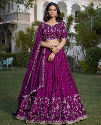 Wine Sequins and Thread Embroidery Vichitra Silk Lehenga Choli 4