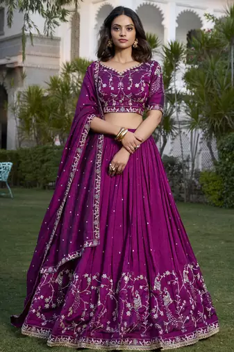 Wine Sequins and Thread Embroidery Vichitra Silk Lehenga Choli