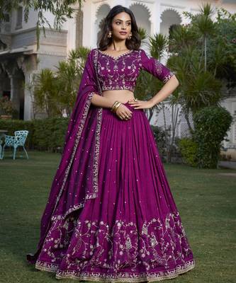 Wine Sequins and Thread Embroidery Vichitra Silk Lehenga Choli 5