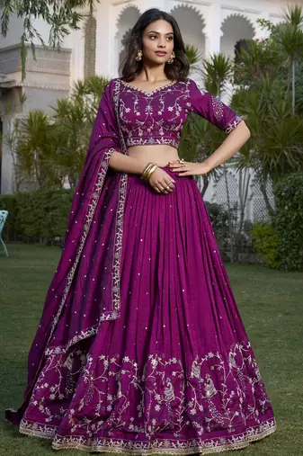 Wine Sequins and Thread Embroidery Vichitra Silk Lehenga Choli