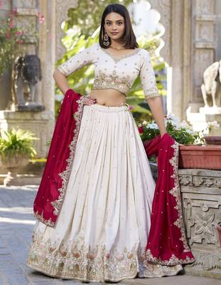 Off-White Sequins and Thread Embroidery Vichitra Silk Lehenga choli 1