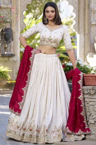Off-White Sequins and Thread Embroidery Vichitra Silk Lehenga choli