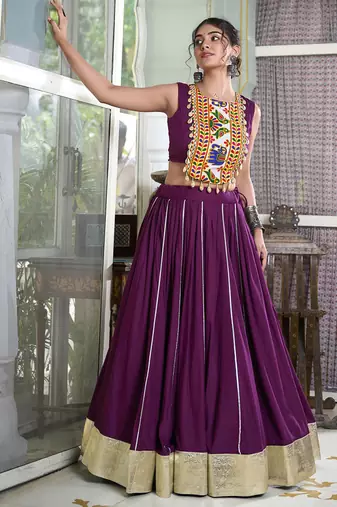 wine rayon chaniya choli with lace border and gota patti work