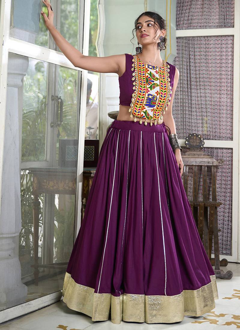 wine rayon chaniya choli with lace border and gota patti work