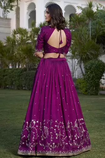 Wine Sequins and Thread Embroidery Vichitra Silk Lehenga Choli