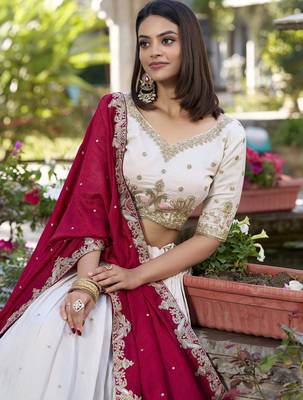 Off-White Sequins and Thread Embroidery Vichitra Silk Lehenga choli 3
