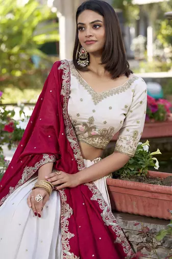 Off-White Sequins and Thread Embroidery Vichitra Silk Lehenga choli