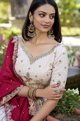 Off-White Sequins and Thread Embroidery Vichitra Silk Lehenga choli