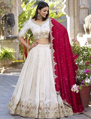 Off-White Sequins and Thread Embroidery Vichitra Silk Lehenga choli 5