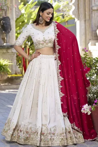 Off-White Sequins and Thread Embroidery Vichitra Silk Lehenga choli