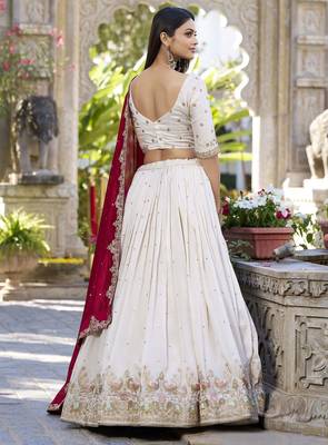 Off-White Sequins and Thread Embroidery Vichitra Silk Lehenga choli 6