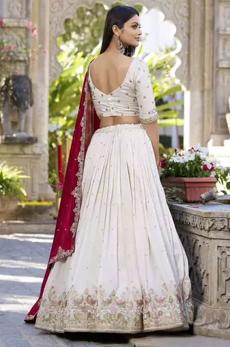 Off-White Sequins and Thread Embroidery Vichitra Silk Lehenga choli