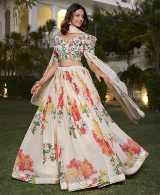 Fetching Off-White Floral Print Georgette Fabric Stitched Indian wedding designer Lehenga dress 1