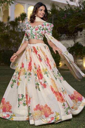 Fetching Off-White Floral Print Georgette Fabric Stitched Indian wedding designer Lehenga dress