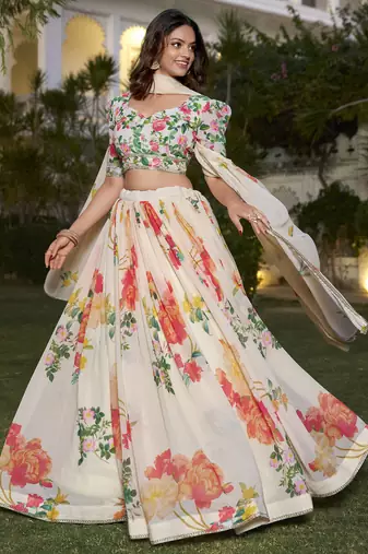 Fetching Off-White Floral Print Georgette Fabric Stitched Indian wedding designer Lehenga dress