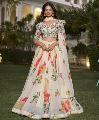 Fetching Off-White Floral Print Georgette Fabric Stitched Indian wedding designer Lehenga dress 3