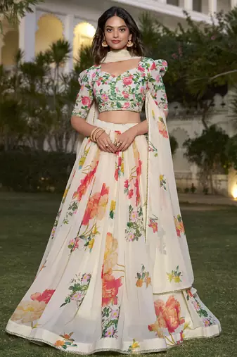 Fetching Off-White Floral Print Georgette Fabric Stitched Indian wedding designer Lehenga dress