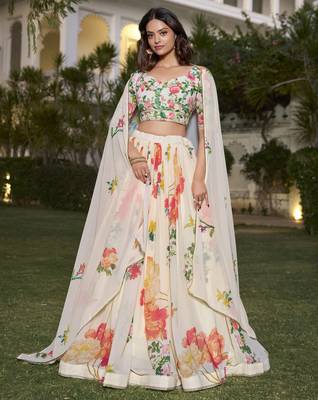 Fetching Off-White Floral Print Georgette Fabric Stitched Indian wedding designer Lehenga dress 4