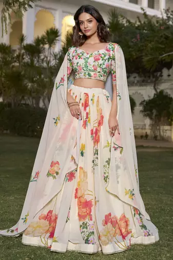 Fetching Off-White Floral Print Georgette Fabric Stitched Indian wedding designer Lehenga dress