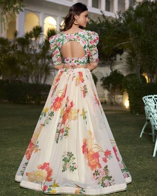 Fetching Off-White Floral Print Georgette Fabric Stitched Indian wedding designer Lehenga dress 5