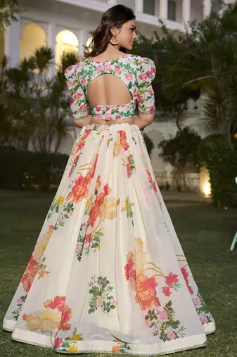 Fetching Off-White Floral Print Georgette Fabric Stitched Indian wedding designer Lehenga dress