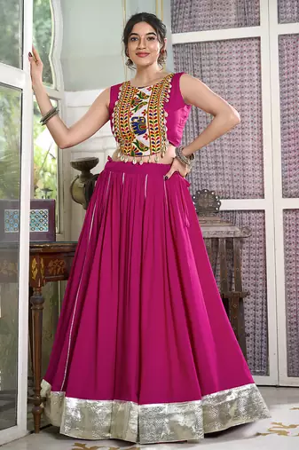 pink Rayon Chaniya Choli with Lace Border and Gota Patti work