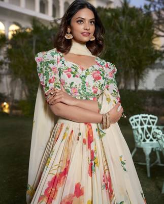 Fetching Off-White Floral Print Georgette Fabric Stitched Indian wedding designer Lehenga dress 6