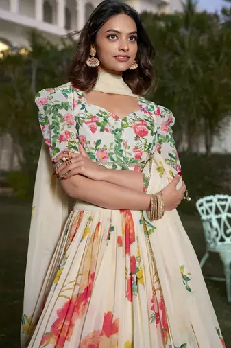 Fetching Off-White Floral Print Georgette Fabric Stitched Indian wedding designer Lehenga dress