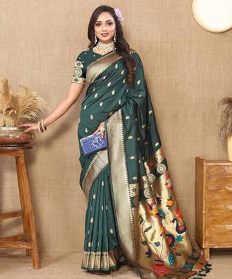 Green color faux banarasi silk saree with paithani rich weaved pallu and blouse 2
