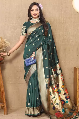 Green color faux banarasi silk saree with paithani rich weaved pallu and blouse