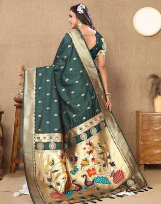 Green color faux banarasi silk saree with paithani rich weaved pallu and blouse 5
