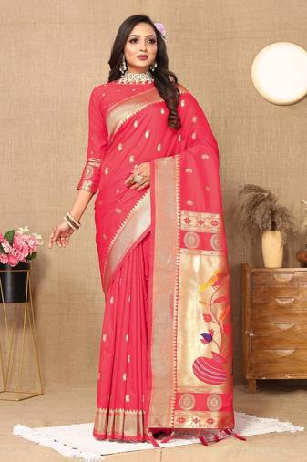 Pink color faux banarasi silk saree with paithani rich weaved pallu and blouse