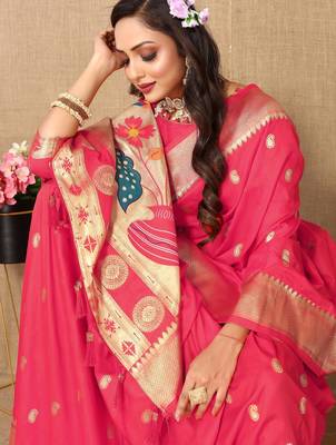 Pink color faux banarasi silk saree with paithani rich weaved pallu and blouse 3