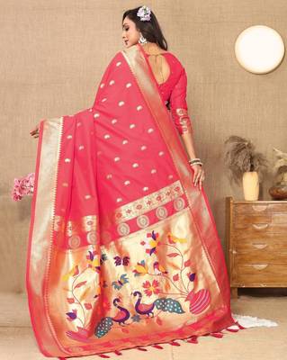 Pink color faux banarasi silk saree with paithani rich weaved pallu and blouse 4