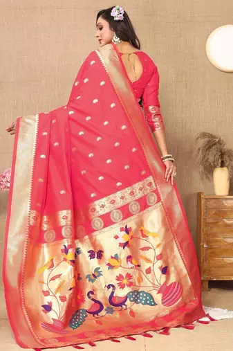 Pink color faux banarasi silk saree with paithani rich weaved pallu and blouse