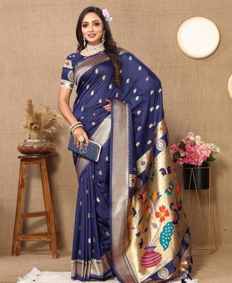 Navy blue color faux banarasi silk saree with paithani rich weaved pallu and blouse 1