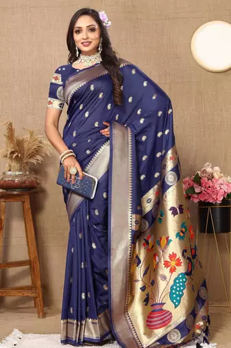 Navy blue color faux banarasi silk saree with paithani rich weaved pallu and blouse
