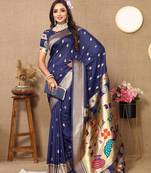 Navy blue color faux banarasi silk saree with paithani rich weaved pallu and blouse