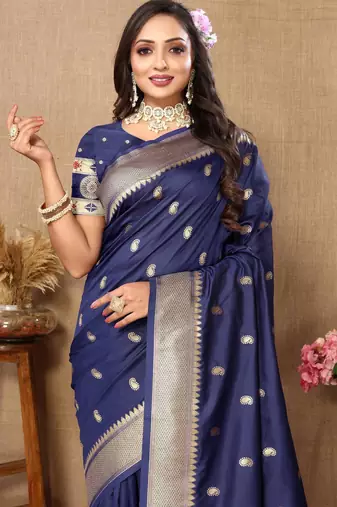 Navy blue color faux banarasi silk saree with paithani rich weaved pallu and blouse
