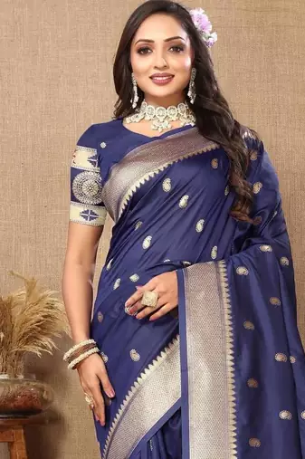 Navy blue color faux banarasi silk saree with paithani rich weaved pallu and blouse