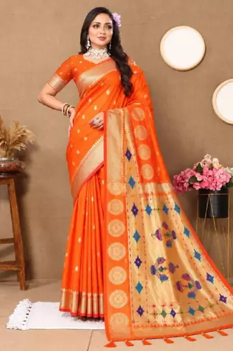 orange color faux banarasi silk blend saree with paithani rich weaved pallu and blouse