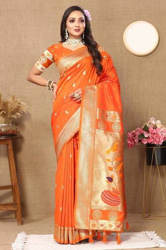Orange color faux banarasi silk saree with paithani rich weaved pallu and blouse