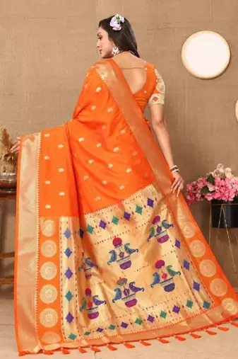 orange color faux banarasi silk blend saree with paithani rich weaved pallu and blouse