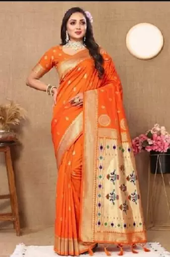 orange color faux banarasi silk blend saree with paithani rich weaved pallu and blouse