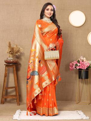 Orange color faux banarasi silk saree with paithani rich weaved pallu and blouse 3