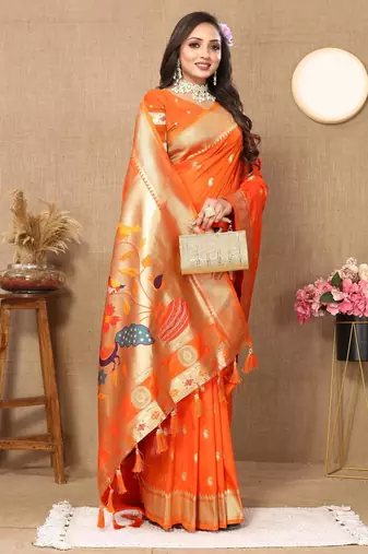 Orange color faux banarasi silk saree with paithani rich weaved pallu and blouse