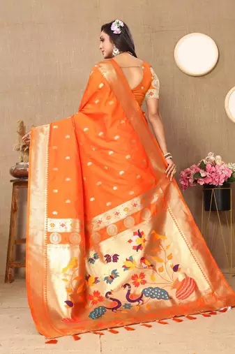 Orange color faux banarasi silk saree with paithani rich weaved pallu and blouse