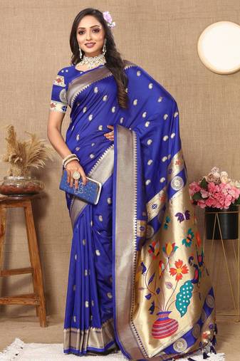 Royal blue color faux banarasi silk saree with paithani rich weaved pallu and blouse